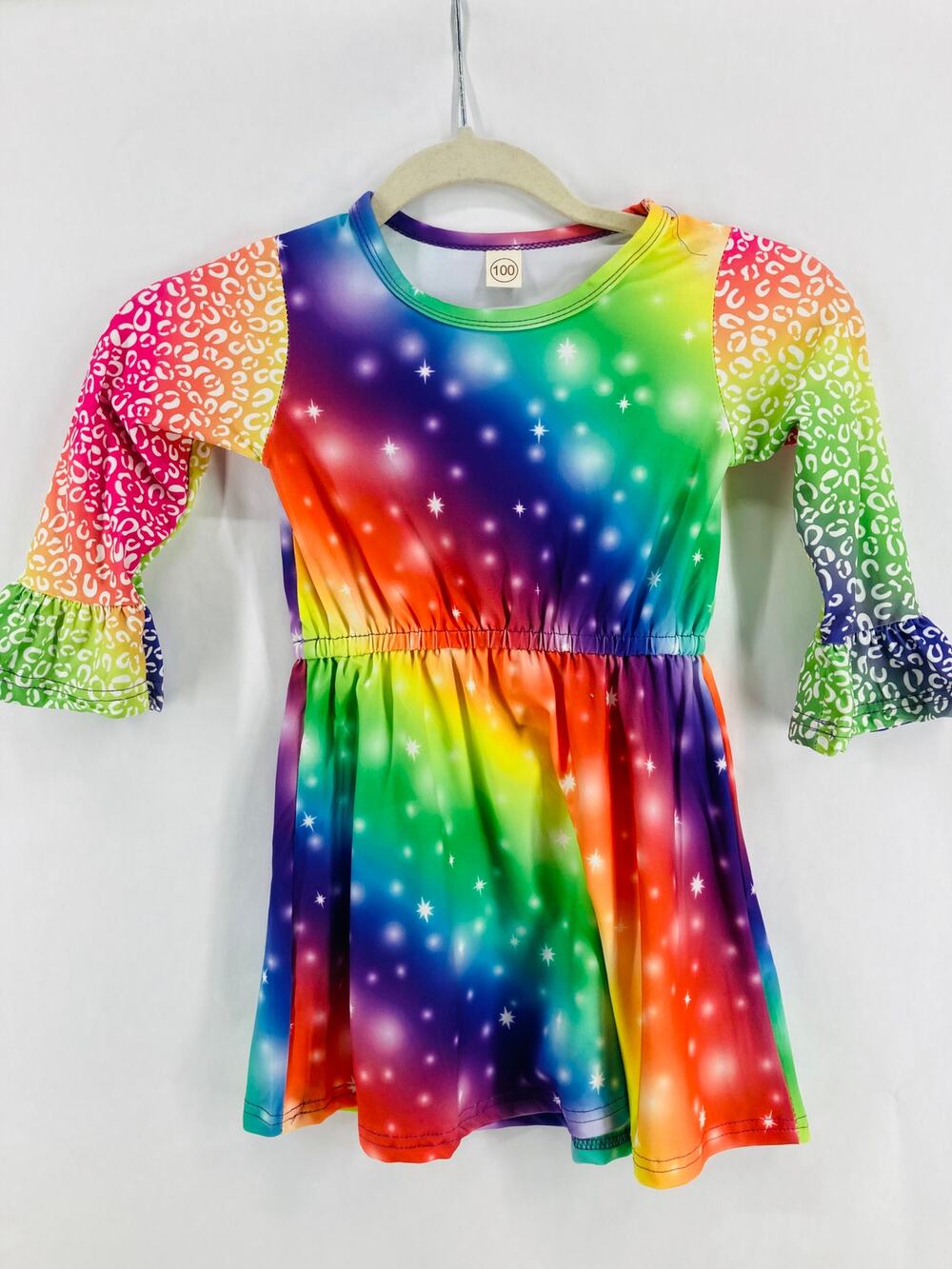 Girl's Rainbow Multicolored Star & Leopard Print Long Bell Sleeve Mini Dress